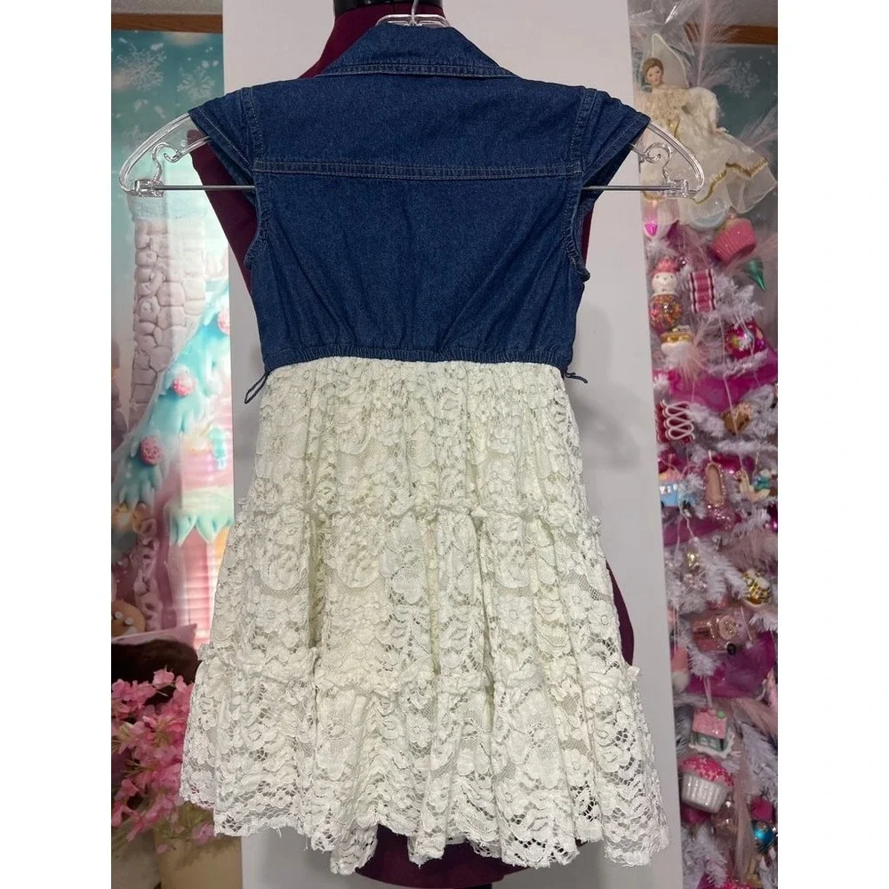 Sugar California Dress Kids XS Blue Cream Good Denim Lace Tiered Sleeveless Boho